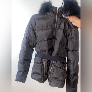 Zara belted coat &zippers on arm sleeves and gold hardware and black fur hood